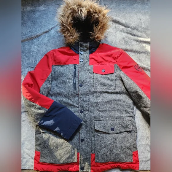 TOMMY HILFIGER Wool Herringbone Silk 65% DOWN PARKA Jacket Men M Hooded Fur